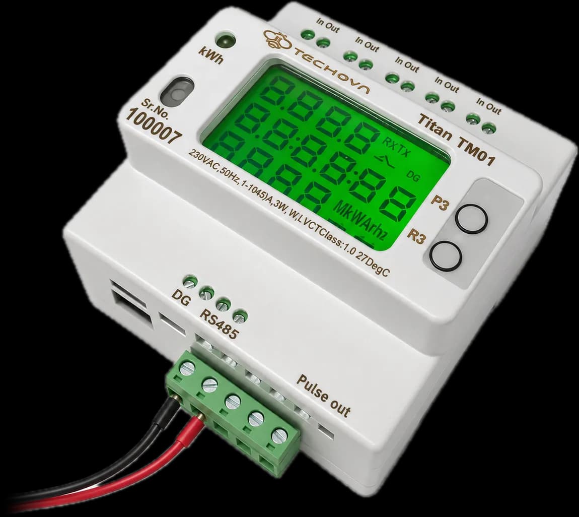 Titan — 3-phase WiFi smart energy meter with Class 0.5S accuracy on DIN rail, by Tech OVN