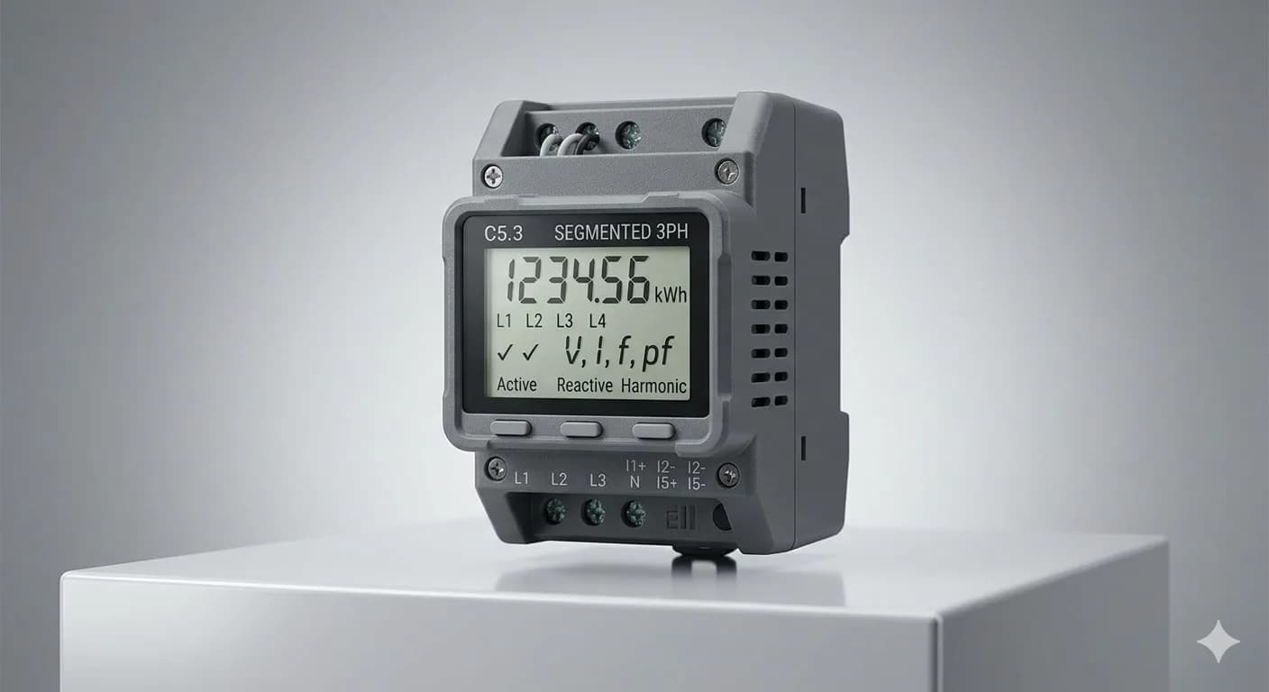 Titan — 3-phase WiFi smart energy meter with Class 0.5S accuracy on DIN rail, by Tech OVN (energy meter manufacturer India)